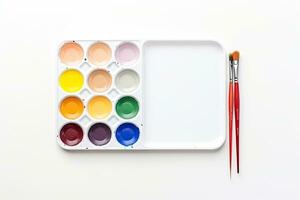 Watercolor paints and brush isolated on white background. Top view. Generative AI photo