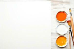 Watercolor paints and brush isolated on white background. Top view. Generative AI photo