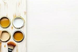 Watercolor paints and brush isolated on white background. Top view. Generative AI photo