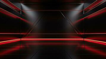 Abstract dark empty room with glowing red neon lights. Mock up, 3D Rendering. Generative AI photo