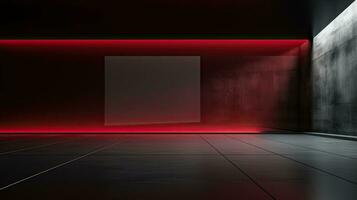 Abstract dark empty room with glowing red neon lights. Mock up, 3D Rendering. Generative AI photo