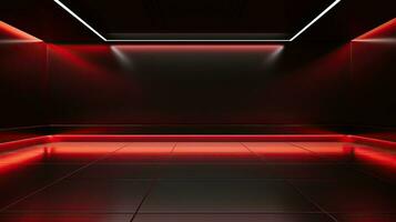 Abstract dark empty room with glowing red neon lights. Mock up, 3D Rendering. Generative AI photo