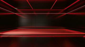 Abstract dark empty room with glowing red neon lights. Mock up, 3D Rendering. Generative AI photo