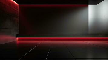 Abstract dark empty room with glowing red neon lights. Mock up, 3D Rendering. Generative AI photo