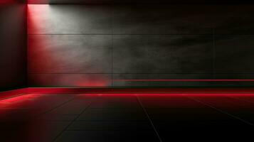 Abstract dark empty room with glowing red neon lights. Mock up, 3D Rendering. Generative AI photo