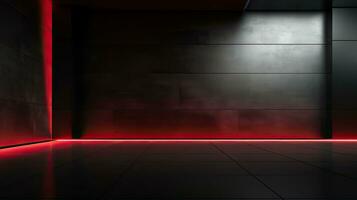 Abstract dark empty room with glowing red neon lights. Mock up, 3D Rendering. Generative AI photo
