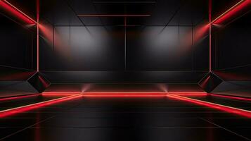 Abstract dark empty room with glowing red neon lights. Mock up, 3D Rendering. Generative AI photo