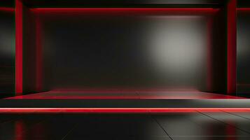 Abstract dark empty room with glowing red neon lights. Mock up, 3D Rendering. Generative AI photo