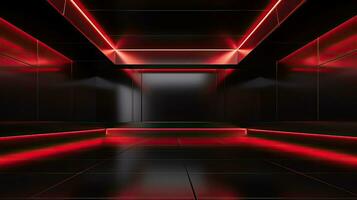 Abstract dark empty room with glowing red neon lights. Mock up, 3D Rendering. Generative AI photo