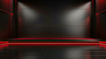 Abstract dark empty room with glowing red neon lights. Mock up, 3D Rendering. Generative AI photo