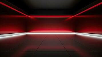 Abstract dark empty room with glowing red neon lights. Mock up, 3D Rendering. Generative AI photo