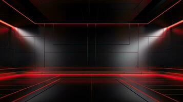 Abstract dark empty room with glowing red neon lights. Mock up, 3D Rendering. Generative AI photo