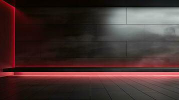 Abstract dark empty room with glowing red neon lights. Mock up, 3D Rendering. Generative AI photo