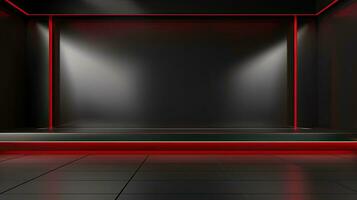 Abstract dark empty room with glowing red neon lights. Mock up, 3D Rendering. Generative AI photo