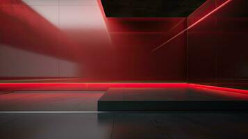 Abstract dark empty room with glowing red neon lights. Mock up, 3D Rendering. Generative AI photo