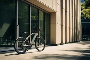 Modern electric white bicycle in front of the modern office glass building on sunny autumn day. Generative AI photo