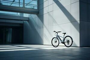 Modern electric white bicycle in front of the modern office glass building on sunny autumn day. Generative AI photo