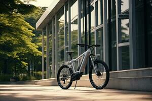 Modern electric white bicycle in front of the modern office glass building on sunny autumn day. Generative AI photo