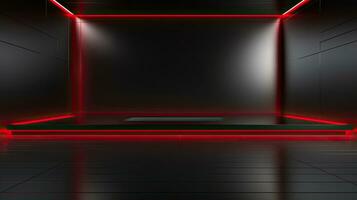 Abstract dark empty room with glowing red neon lights. Mock up, 3D Rendering. Generative AI photo