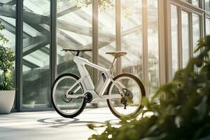 Modern electric white bicycle in front of the modern office glass building on sunny autumn day. Generative AI photo