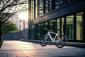 Modern electric white bicycle in front of the modern office glass building on sunny autumn day. Generative AI photo