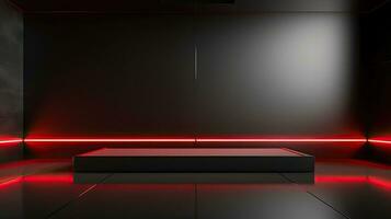 Abstract dark empty room with glowing red neon lights. Mock up, 3D Rendering. Generative AI photo