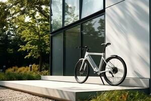 Modern electric white bicycle in front of the modern office glass building on sunny autumn day. Generative AI photo