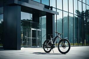 Modern electric white bicycle in front of the modern office glass building on sunny autumn day. Generative AI photo