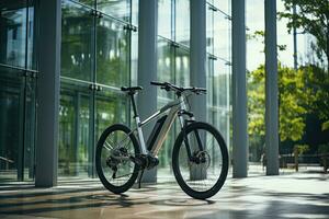 Modern electric white bicycle in front of the modern office glass building on sunny autumn day. Generative AI photo