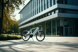 Modern electric white bicycle in front of the modern office glass building on sunny autumn day. Generative AI photo