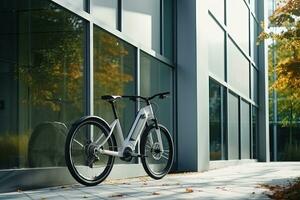 Modern electric white bicycle in front of the modern office glass building on sunny autumn day. Generative AI photo