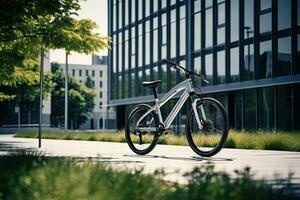 Modern electric white bicycle in front of the modern office glass building on sunny autumn day. Generative AI photo