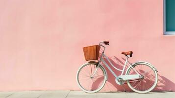 Bicycle with basket on pink wall background. Copy space for text. Generative AI photo