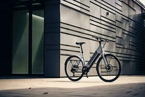 Modern electric white bicycle in front of the modern office glass building on sunny autumn day. Generative AI photo
