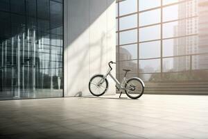 Modern electric white bicycle in front of the modern office glass building on sunny autumn day. Generative AI photo