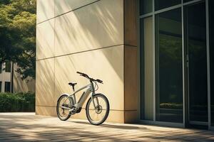 Modern electric white bicycle in front of the modern office glass building on sunny autumn day. Generative AI photo