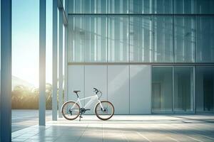 Modern electric white bicycle in front of the modern office glass building on sunny autumn day. Generative AI photo