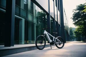 Modern electric white bicycle in front of the modern office glass building on sunny autumn day. Generative AI photo
