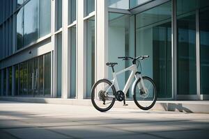 Modern electric white bicycle in front of the modern office glass building on sunny autumn day. Generative AI photo