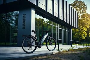 Modern electric white bicycle in front of the modern office glass building on sunny autumn day. Generative AI photo