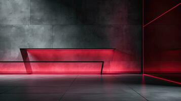 Abstract dark empty room with glowing red neon lights. Mock up, 3D Rendering. Generative AI photo
