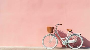 Bicycle with basket on pink wall background. Copy space for text. Generative AI photo