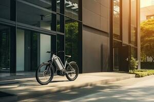 Modern electric white bicycle in front of the modern office glass building on sunny autumn day. Generative AI photo