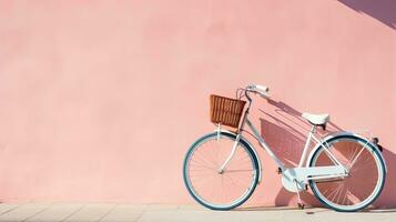 Bicycle with basket on pink wall background. Copy space for text. Generative AI photo