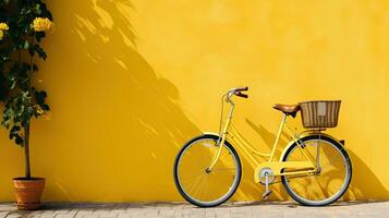 Vintage bicycle with yellow wall background - vintage filter and soft focus. Generative AI photo