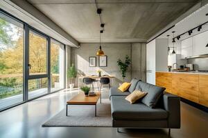 interior of modern bright living room with concrete walls, concrete floor, black sofa and coffee table. Generative AI photo