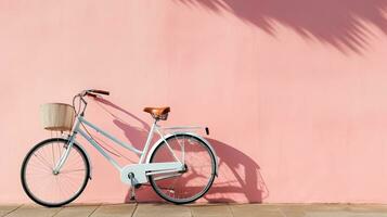 Bicycle with basket on pink wall background. Copy space for text. Generative AI photo