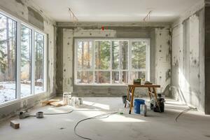 interior de un nuevo casa debajo construcción, remodelación y renovación. generativo ai foto