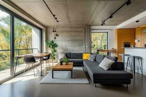 interior of modern bright living room with concrete walls, concrete floor, black sofa and coffee table. Generative AI photo