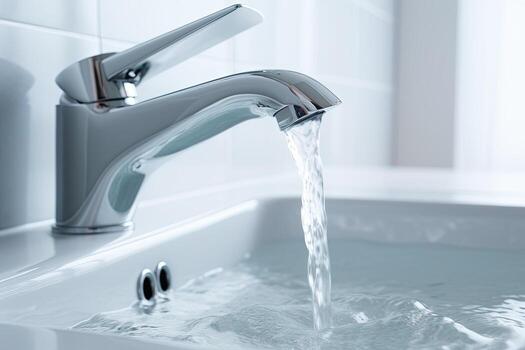 Close-up of a bathroom sink faucet with running water, illustrating how fluid intake affects bladder health